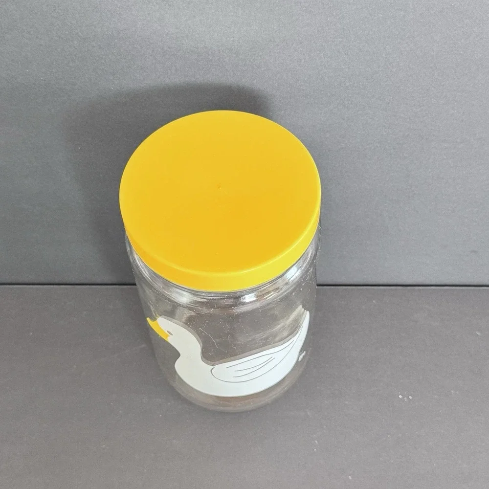 Vintage Clear Glass Jar Canister Duck Theme Print Yellow Lid No‎ Fading No Dmg